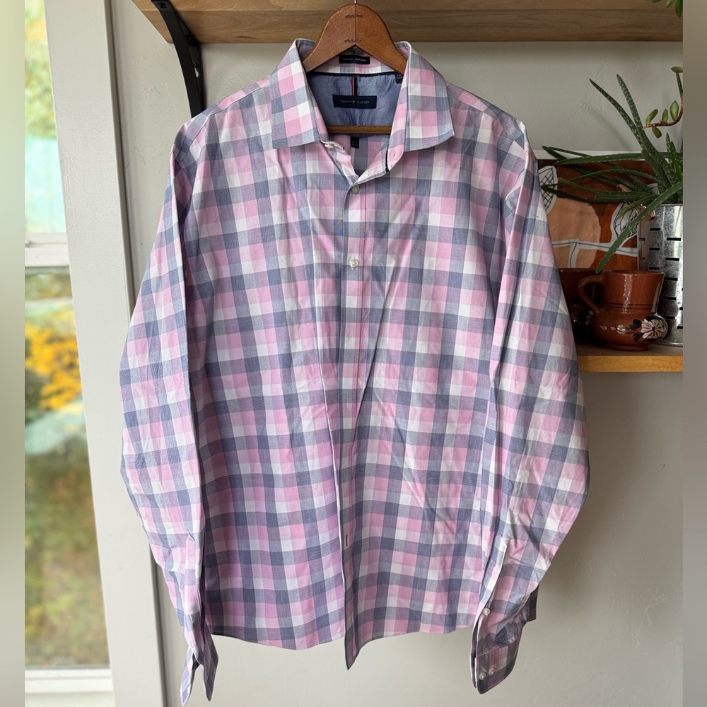 Tommy Hilfiger Pink Blue Plaid Long Sleeve Slim Fit Button Down Dress Shirt L